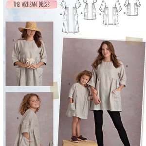Könnte beinhalten: Simplicity-Schnittmuster S8856 zeigt das Artisan-Kleid. Das Bild zeigt eine Frau und ein Kind, die ein helles Kleid mit Taschen tragen. Das Muster enthält Strichzeichnungen des Kleid-Designs. Das Kleid hat einen runden Ausschnitt und Dreiviertelärmel.