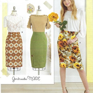 Op de afbeelding: Simplicity naaipatroon nummer 8652, maat US 6-14, Euro 32-40, Frans 34-42, voor een rok met drie verschillende stoffen: bruin-witte bloemenprint, groen en geel-witte bloemenprint. Het patroon is getiteld "Gertrude Made".