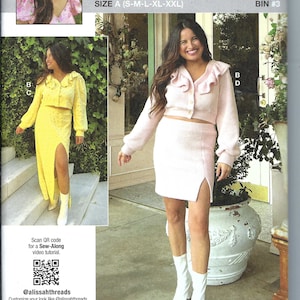May include: A pattern for a two-piece outfit, featuring a pink cardigan and skirt set, and a yellow top and skirt set. The pattern is labeled "knowME by Mimi G" and includes size options. The image also includes a QR code for a sew-along video tutorial.