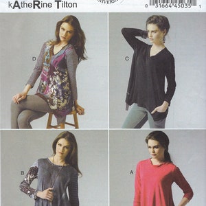 May include: A sewing pattern for a long-sleeved top with a V-neck and a high-low hemline. The pattern includes four different views: A, B, C, and D. The pattern is from Butterick and is for sizes X-Small, Small, and Medium.