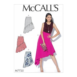 May include: McCall's sewing pattern M7725 for a skirt with four different styles. The skirt is shown in four different fabrics: a gray skirt with lace trim, a red and white gingham skirt, a pink skirt, and a blue and white floral skirt. The skirt is asymmetrical and has a ruffle at the hem.