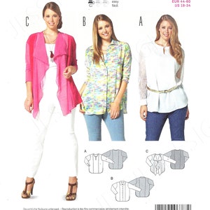 May include: A Burda Style sewing pattern featuring three blouse and jacket designs. The pattern includes sizes EUR 44-60 and US 18-34. The image shows a woman wearing a pink jacket, a colorful blouse, and a white blouse.