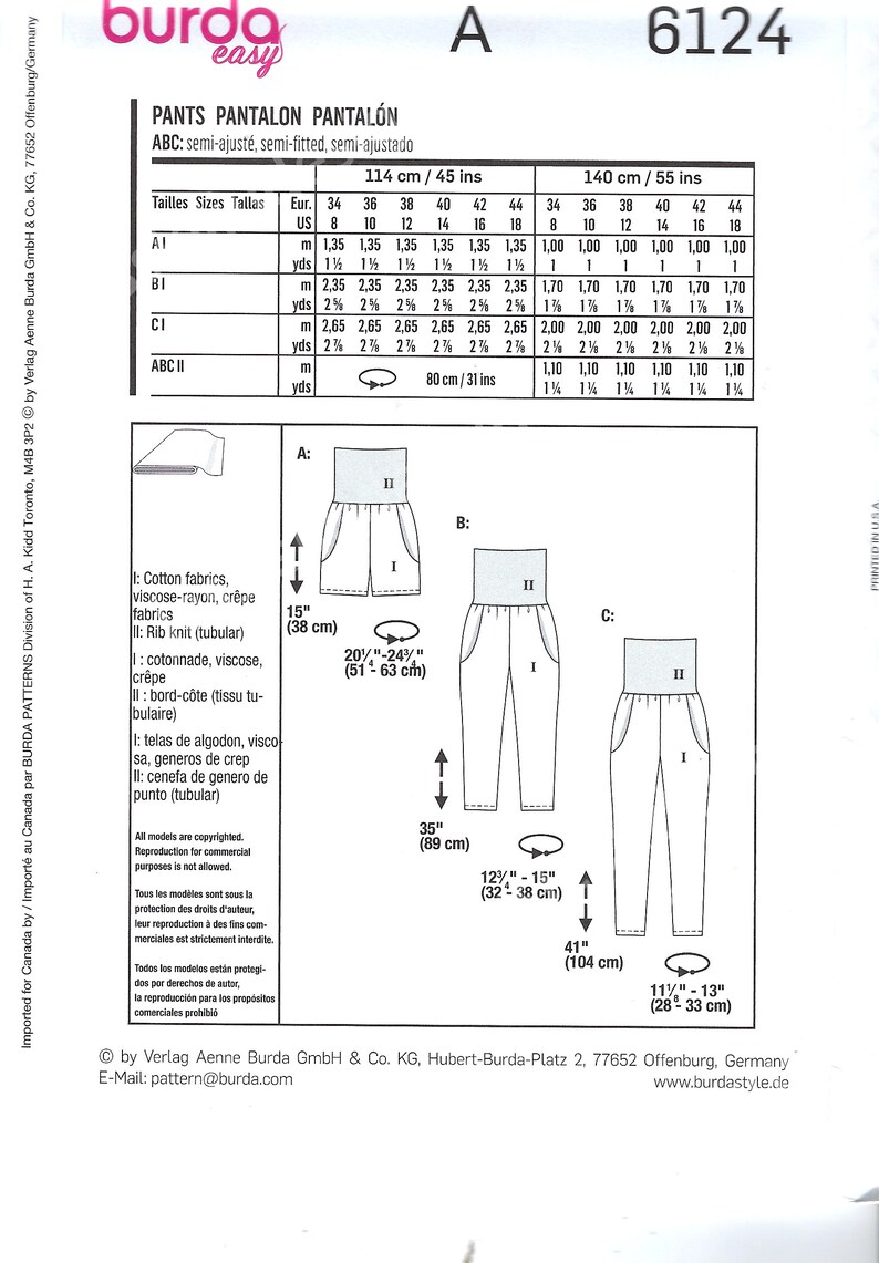Uncut Burda Style sewing Pattern 6124 Trousers in cuffs size 8-18 FF