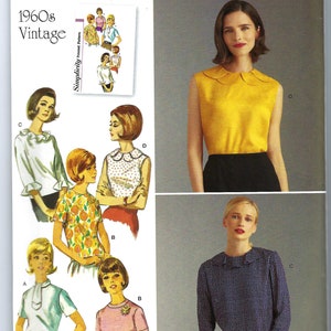 Könnte beinhalten: Ein Vintage-Schnittmuster für eine Bluse im Stil der 1960er Jahre. Das Schnittmuster enthält vier verschiedene Stile von Blusen mit Kragen, Ärmeln und verschiedenen Stoffen. Das Schnittmuster ist von Simplicity und ist in den Größen 6-14, 32-40, 34-42 erhältlich.