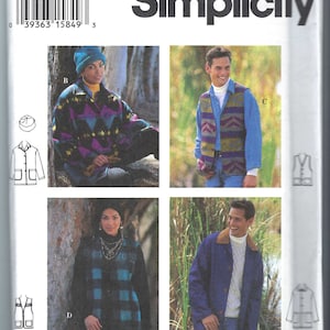 Uncut vintage Simplicity  Sewing Pattern 1994 Simplicity 9139 Misses&#39;, Men&#39;s and Teen&#39;s Jacket Vest and Hat Size xs-s-m L-xl  FF
