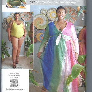 Può includere: Un modello di cucito di Aaronica B. Cole per KnowMe by Mimi G. Il modello include le taglie FG (16W-26W). L'immagine mostra una donna che indossa un abito a portafoglio colorato. L'abito è un gradiente di blu, verde e rosa. Il modello è progettato e stampato negli Stati Uniti.