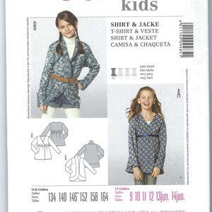May include: Burda Kids sewing pattern number 9485 for a shirt and jacket. The pattern includes sizes 134 to 164 (European sizes) and 9 to 14 (US sizes). The pattern is for a shirt and jacket with a wrap style. The pattern is labeled as "very easy" to sew.