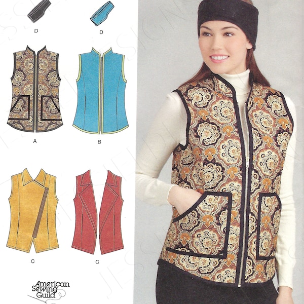 Uncut Simplicity Sewing Pattern 574 986 1499 Misses Vests Zipper front vest Collar and Neckline  Headband in 3 sizes Sz 6-14 16-24 FF