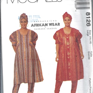 May include: McCall's sewing pattern for African wear by Barbara Ebadan. The pattern features two women wearing matching outfits. One outfit is a striped design in brown, orange, and purple. The other is a solid red design.