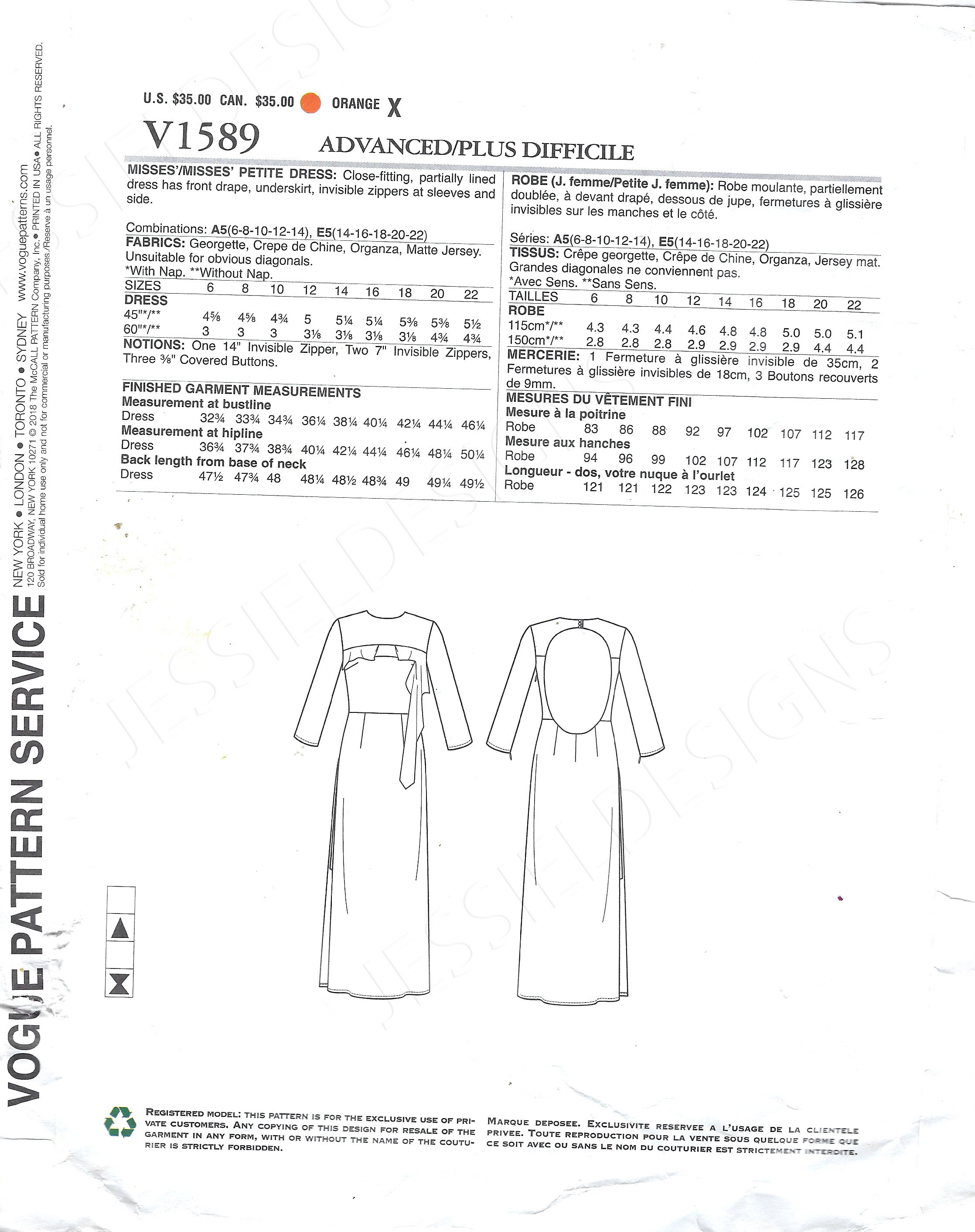 Uncut Vogue Sewing Pattern 1589 Misses' / Misses' Petite Dress Size 6-8 ...