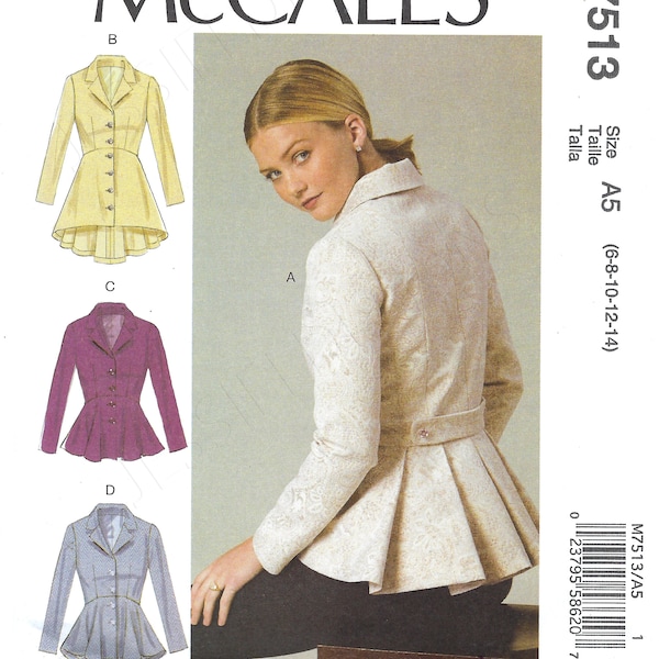Patrón de costura McCall's 7513 sin cortar para chaquetas de señora, tallas 6-8-10-12-14 14-16-18-20-22 FF