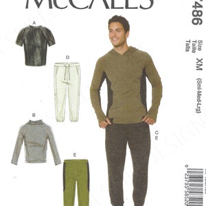 May include: Sewing pattern for men's clothing, including a hooded sweatshirt, a long-sleeved shirt, and two pairs of pants. The pattern is for sizes small, medium, and large. The pattern number is M7486.