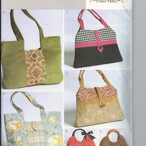 Puede incluir: Un patrón de costura para varios bolsos de mano. Los bolsos presentan diferentes telas, incluyendo estampados florales, cachemir y pata de gallo. Algunos bolsos tienen cierres de botón y correas contrastantes. El patrón está etiquetado "B4364 Butterick".