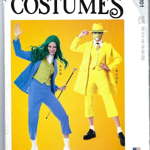 May include: A sewing pattern for a costume with two figures, one in a blue suit and the other in a yellow suit. The pattern is from McCall's Costumes and is size R5 (14-16-18-20-22).
