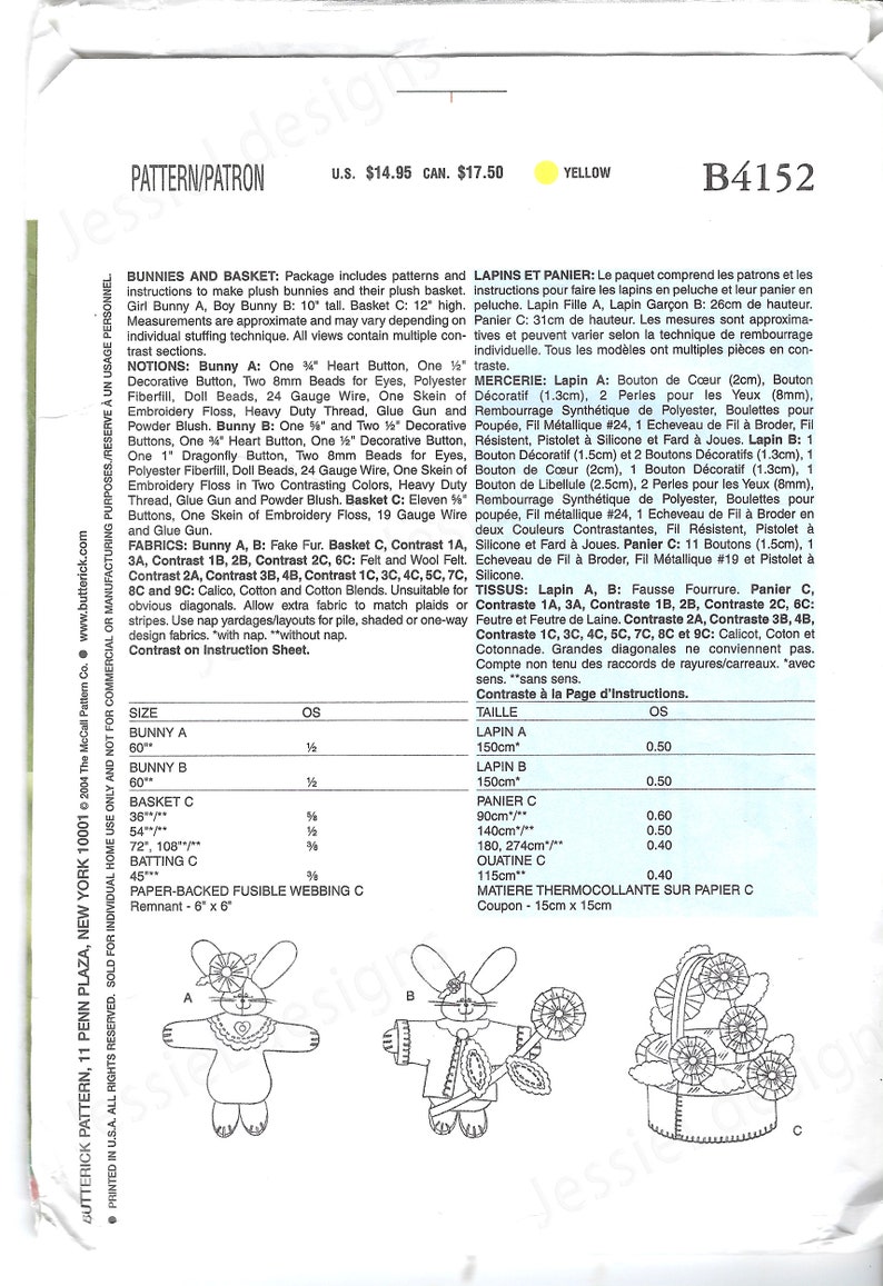 Uncut Butterick Sewing Pattern 4152 Pattern, Bunnies and Basket, Easter ...