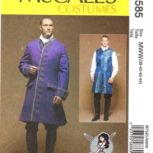 May include: McCall's Costumes pattern M7585 showing two costume designs. One is a long purple coat with gold trim and black boots. The other is a blue vest with black boots. Size MWW (96.5-112 cm).