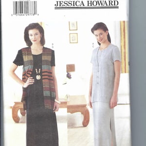 May include: A sewing pattern for a dress with a vest. The pattern is for sizes 20-22-24. The pattern is by Butterick and is called Jessica Howard.