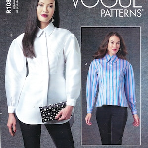 Könnte beinhalten: Vogue Patterns Schnittmuster für ein Hemd mit Kragen und langen Ärmeln. Das Schnittmuster umfasst zwei Varianten: ein weißes Hemd mit tailliertem Oberteil und ein gestreiftes Hemd mit lockerer Passform. Das Schnittmuster ist mit der Nummer R10868 und der Grössenspanne BS 8-10-12-14-16 gekennzeichnet.