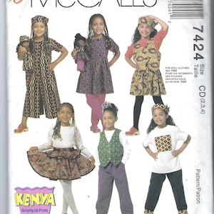 May include: Sewing pattern for children's clothing with a Kenyan theme. The pattern includes a dress, skirt, vest, and t-shirt. The pattern is for sizes 2, 3, and 4. The pattern is from McCall's and is called "Kenya Growing Up Proud".