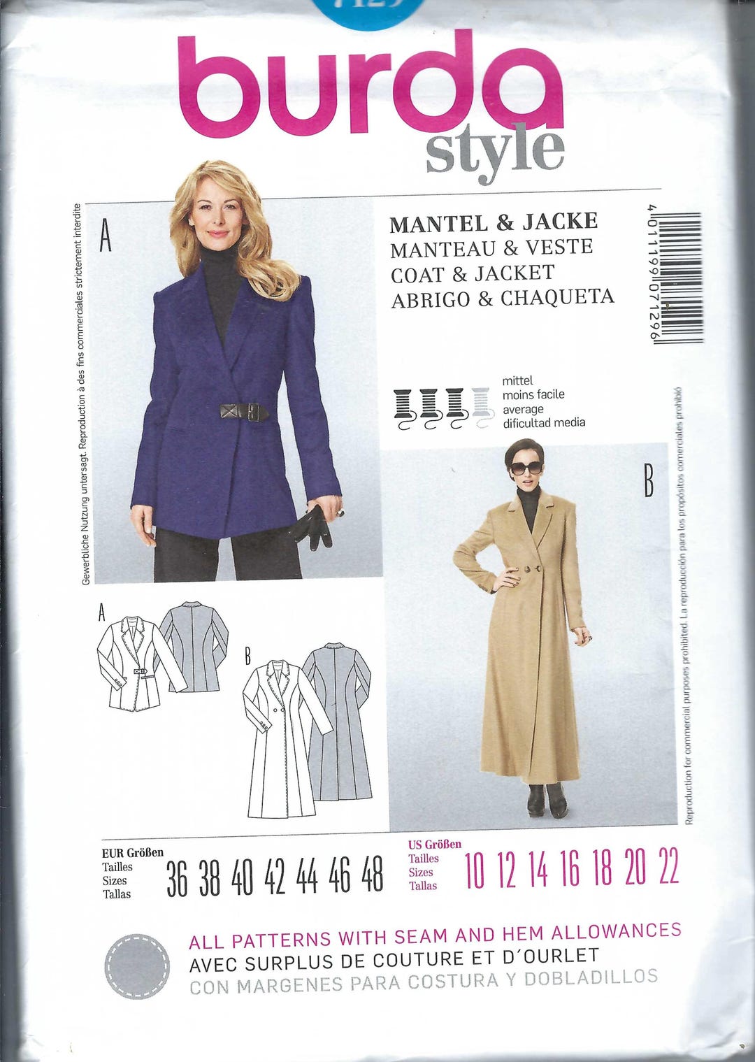 Uncut Burda Sewing Pattern 7129 Size 10-22 Misses's Women's Fall Jacket ...