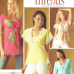 May include: Simplicity sewing pattern 4180 featuring multiple women's tops. The image shows a pink top with green leaf accents, a yellow polka-dot top, a patterned top, and a light blue top. The pattern includes sizes U5 16, 18, 20, 22, 24.