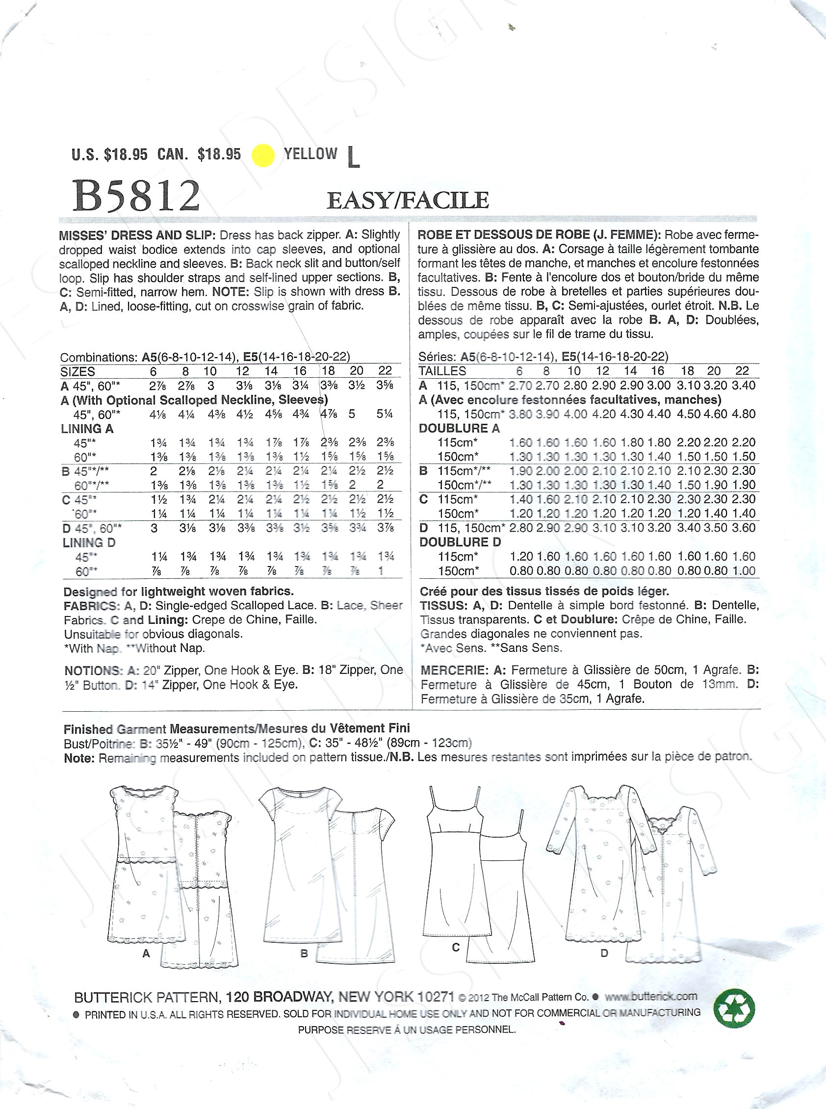 Uncut Butterick Sewing Pattern 5812, Misses' Dress and Slip Misses ...