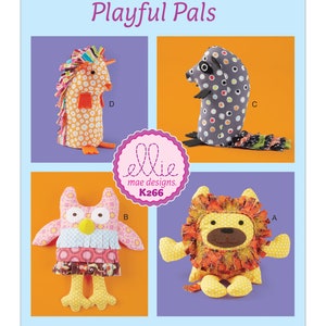Peut inclure: Patron de couture Playful Pals K266 avec quatre modèles d'animaux en peluche : un lion, un hibou, un raton laveur et un hérisson. Le patron est d'Ellie Mae Designs.