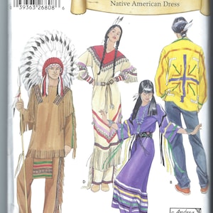 May include: Simplicity Historic Native American Dress sewing pattern. The image shows illustrations of four different Native American outfits. The outfits include dresses, shirts, pants, and accessories. The outfits are in various colors, including tan, yellow, and purple.