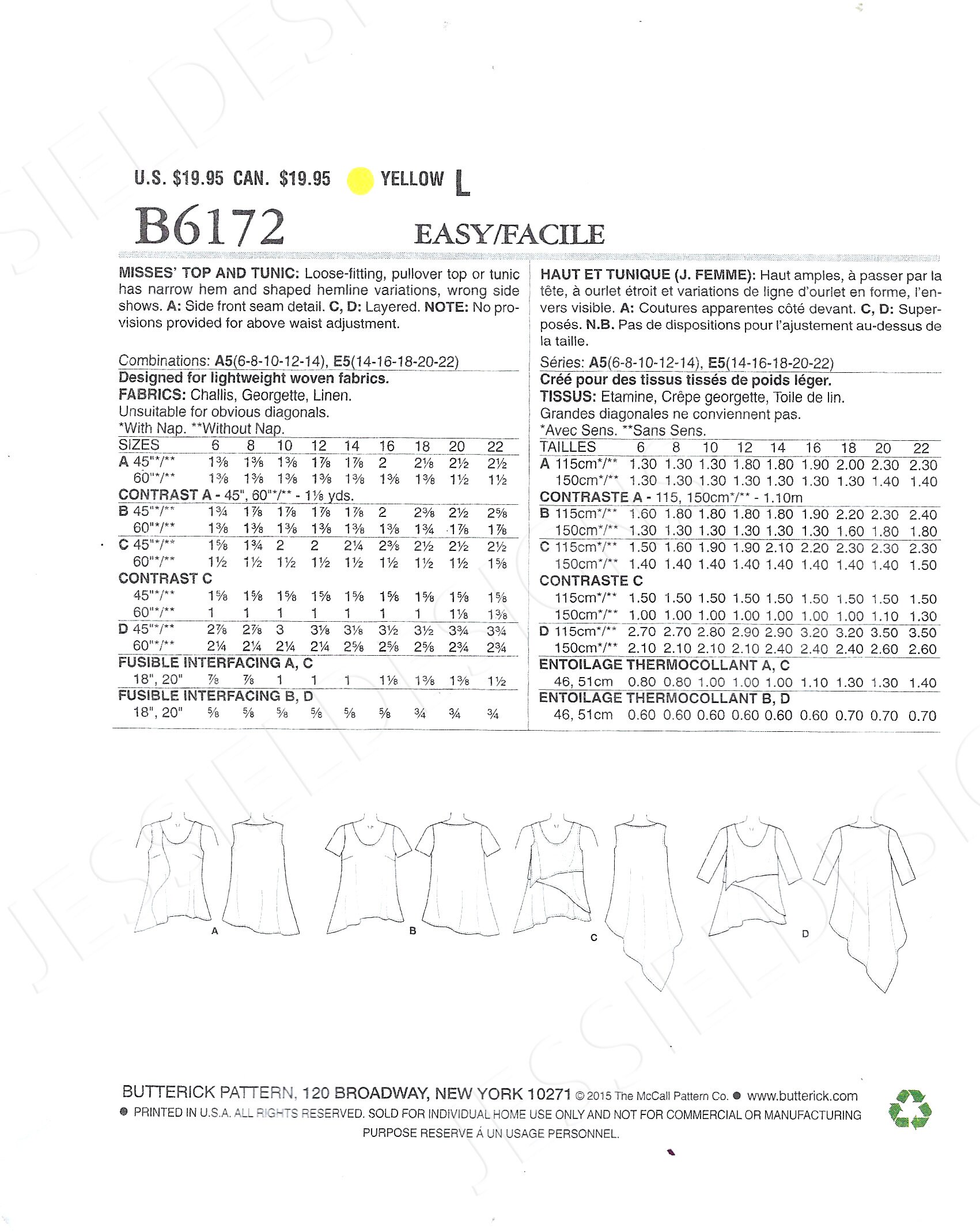 UNCUT Butterick Sewing Pattern 6172 Womens Pullover Top in 4 Variations ...