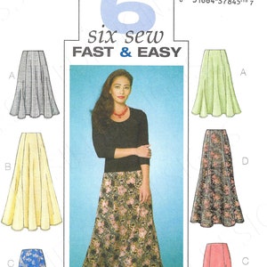May include: Butterick sewing pattern B4136 featuring six skirt designs. The pattern includes a variety of skirt styles, including a plaid skirt, a yellow skirt, a blue floral skirt, a green skirt, a floral skirt, and a pink skirt. The text reads "six sew FAST & EASY".