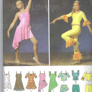 May include: Simplicity sewing pattern featuring dance costumes. The cover shows two dancers in pink and yellow outfits. The pattern includes various costume designs, including dresses, tops, and pants. Sizes available are A 7, 8, 10, 12, 14, and 16.