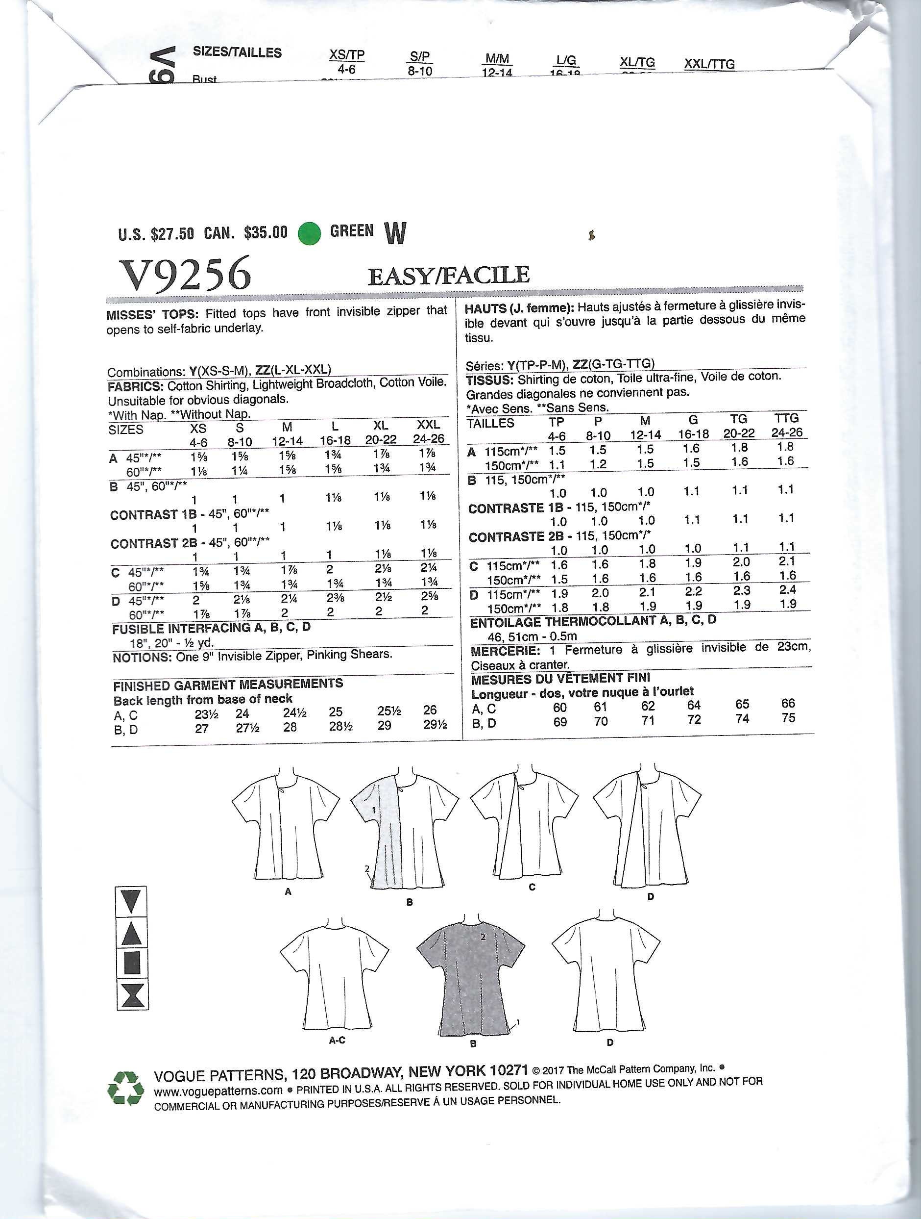 Uncut Vogue Sewing Pattern 9256 Misses' Tops With Invisible Zipper and ...