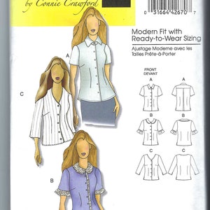 May include: A sewing pattern for a women's blouse with three different styles. The pattern is called "B5300 Butterick by Connie Crawford" and includes instructions for a modern fit with ready-to-wear sizing. The pattern includes a front view of each style, as well as a back view of each style.