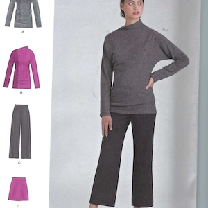 May include: Simplicity sewing pattern number S9017, size US 6-14, Euro 32-40, French 34-42. The pattern includes instructions for making a long-sleeved top with a high neck and a pair of wide-leg pants.