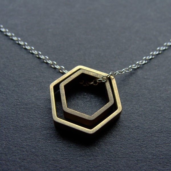 Paired Hexagons Silver and Brass Contrast Necklace