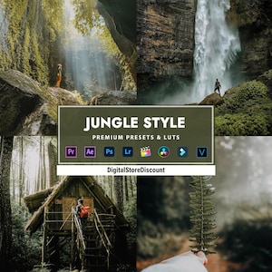 Op de afbeelding: Jungle Style Premium Presets & LUTs voor Adobe Premiere Pro, After Effects, Photoshop, Lightroom, Final Cut Pro, DaVinci Resolve en videobewerking. DigitalStoreDiscount.