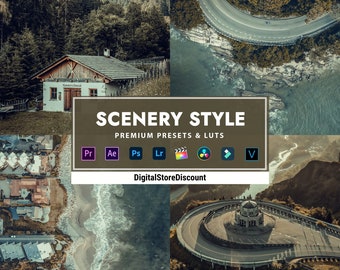 May include: A collage of aerial landscape photos with a brown banner that says "SCENERY STYLE PREMIUM PRESETS & LUTs" and logos for Premiere Pro, After Effects, Photoshop, Lightroom, Final Cut Pro, DaVinci Resolve, and Vegas Pro.  DigitalStoreDiscount is written below the logos.