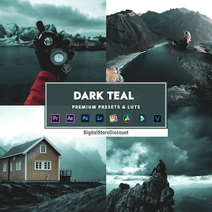 Puede incluir: Preajustes y LUTs de color verde azulado oscuro para software de edición de fotos y videos. Incluye iconos para Premiere Pro, After Effects, Photoshop, Lightroom, Final Cut Pro, DaVinci Resolve y Vegas Pro. El texto dice "Dark Teal Premium Presets & LUTs DigitalStoreDiscount".