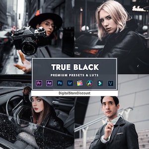 Puede incluir: Un collage de cuatro imágenes con personas vestidas de negro y una cámara en blanco y negro. El texto "TRUE BLACK" se muestra en un cuadro blanco con el texto "PREMIUM PRESETS & LUTs" debajo. El texto "DigitalStoreDiscount" se muestra debajo del texto "PREMIUM PRESETS & LUTs".