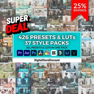 May include: A collage of images showcasing 426 presets and LUTs for photo and video editing. The image includes the text "SUPER DEAL" and "426 PRESETS & LUTS 37 STYLE PACKS". The image also includes logos for Adobe Photoshop, After Effects, Premiere Pro, Final Cut Pro, DaVinci Resolve, and Lightroom.