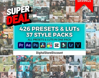 May include: A collage of images showcasing 426 presets and LUTs for photo and video editing. The image includes the text "SUPER DEAL" and "426 PRESETS & LUTS 37 STYLE PACKS". The image also includes logos for Adobe Photoshop, After Effects, Premiere Pro, Final Cut Pro, DaVinci Resolve, and Lightroom.