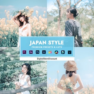 May include: A collage of images featuring a woman in a field of yellow flowers. The images are edited with a soft, dreamy aesthetic. The text "JAPAN STYLE" is displayed in a blue box with the words "PREMIUM PRESETS & LUTs" below. The text "DigitalStoreDiscount" is displayed below the box.