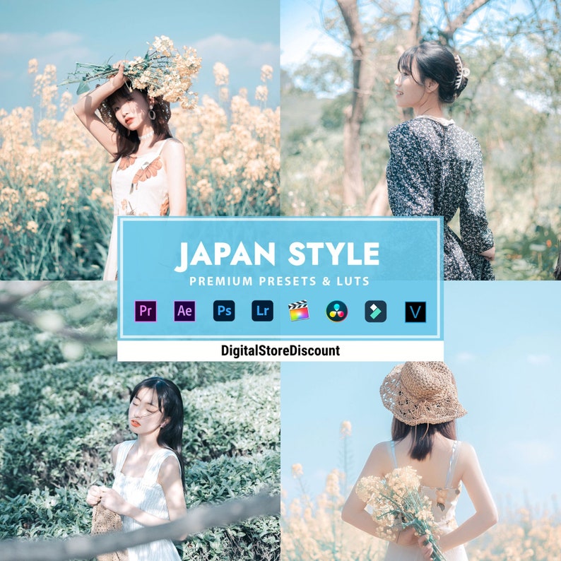May include: A collage of images featuring a woman in a field of yellow flowers. The images are edited with a soft, dreamy aesthetic. The text "JAPAN STYLE" is displayed in a blue box with the words "PREMIUM PRESETS & LUTs" below. The text "DigitalStoreDiscount" is displayed below the box.