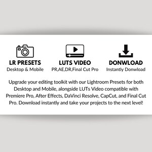 May include: Black and white graphic of a camera, a play button, and a download arrow. Text reads "LR PRESETS Desktop & Mobile", "LUTS VIDEO PR,AE,DR,Final Cut Pro", and "DONWLOAD Instantly Donwload".  Upgrade your editing toolkit with Lightroom Presets and LUTs Video compatible with Premiere Pro, After Effects, DaVinci Resolve, CapCut, and Final Cut Pro. Download instantly and take your projects to the next level!