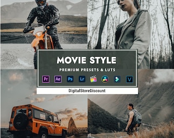 May include: A collage featuring four images with a cinematic theme. The images include a person riding a motorcycle, a person in a forest, an orange SUV, and a person hiking. The central image has the text "MOVIE STYLE PREMIUM PRESETS & LUTS".