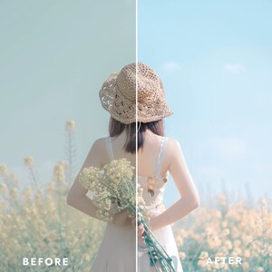 May include: A woman wearing a straw hat and a white dress stands in a field of yellow flowers. The sky is blue and the sun is shining.