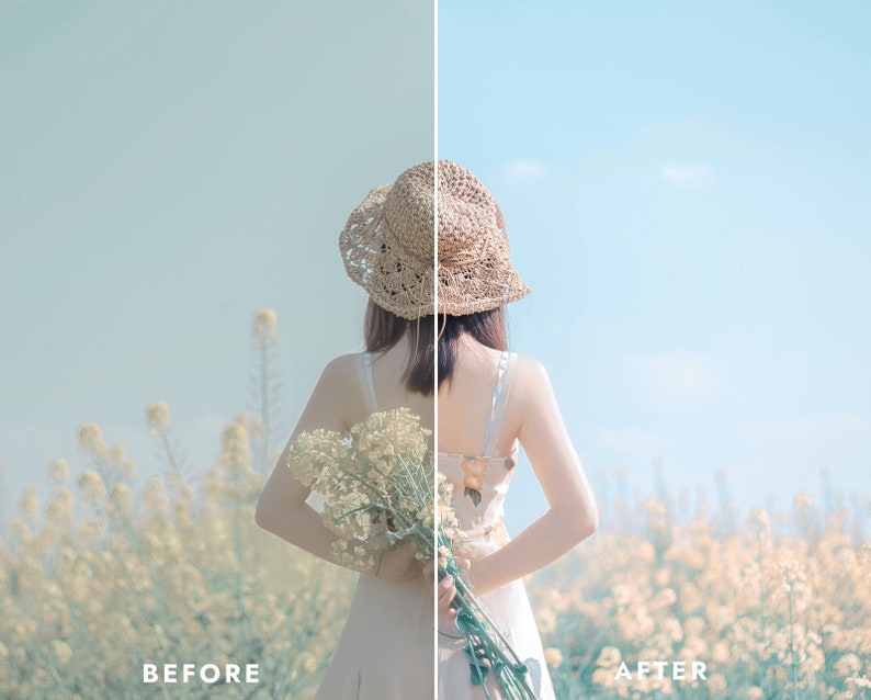 May include: A woman wearing a straw hat and a white dress stands in a field of yellow flowers. The sky is blue and the sun is shining.
