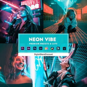 Pode incluir: Presets e LUTs Premium Neon VIBE para Adobe Premiere Pro, After Effects, Photoshop, Lightroom, Final Cut Pro, DaVinci Resolve e edição de vídeo. DigitalStoreDiscount.