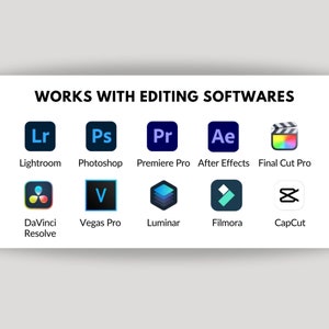 May include: A graphic showing the compatibility of various editing software programs with different video editing apps. The apps listed include Lightroom, Photoshop, Premiere Pro, After Effects, Final Cut Pro, DaVinci Resolve, Vegas Pro, Luminar, Filmora, and CapCut.