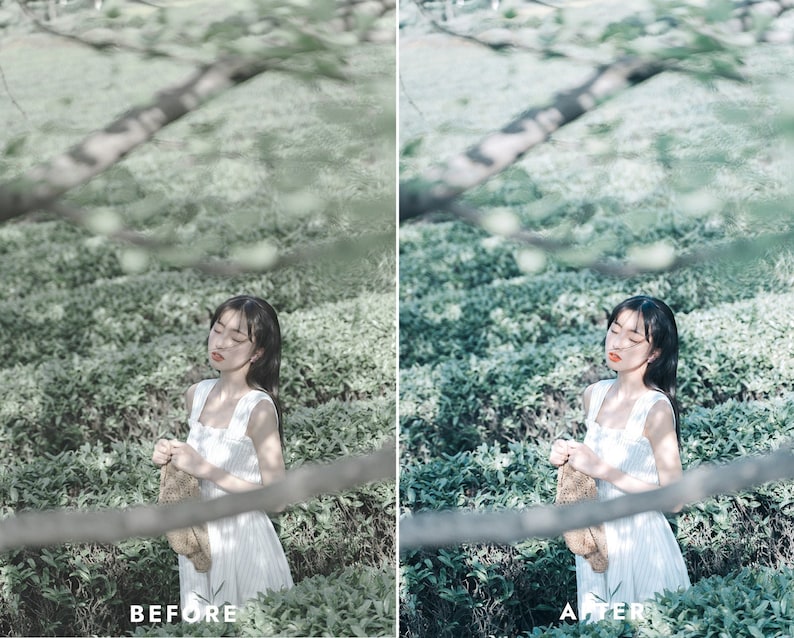 May include: A woman with long dark hair is standing in a field of green plants. She is wearing a white dress and has her eyes closed. She is holding a brown woven bag in her hands.